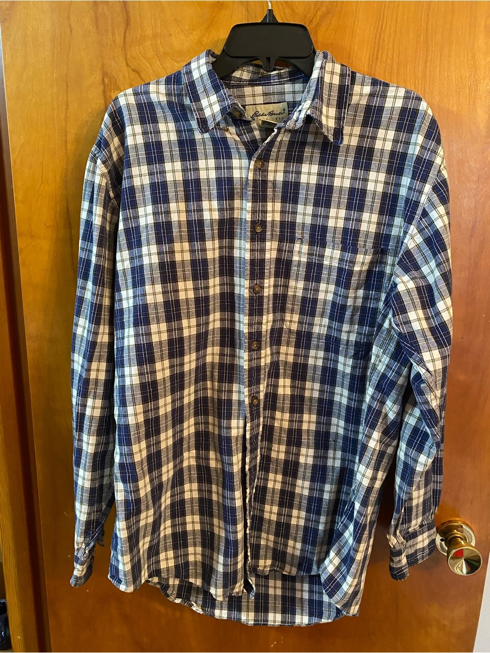 Eddie Bauer Navy and White Plaid Button-Down Shirt Tall